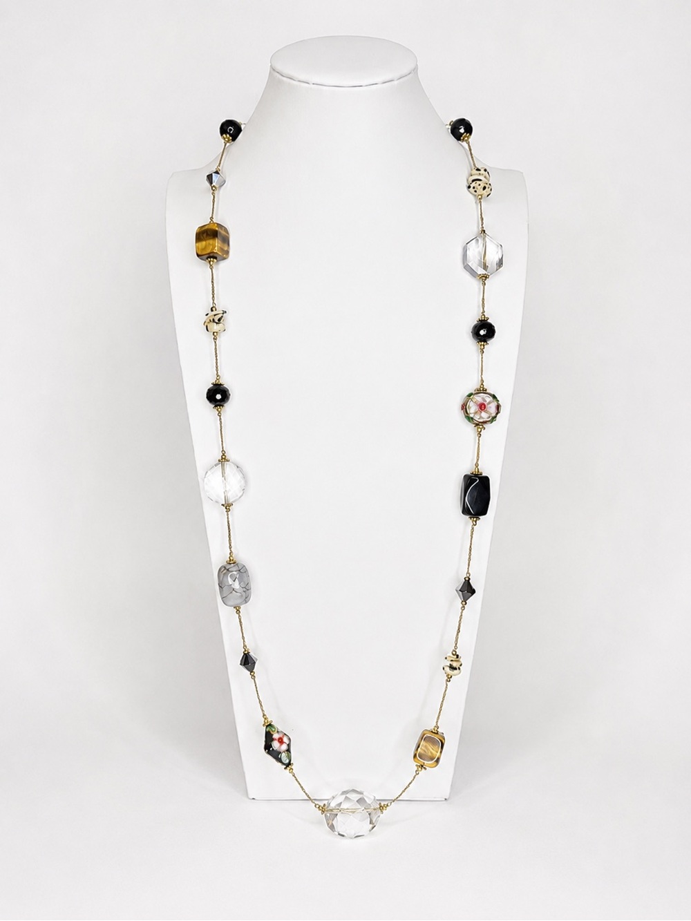 Long Multi-Bead Gold Station Necklace with Black, Gold, Clear/ Floral Beads 31"